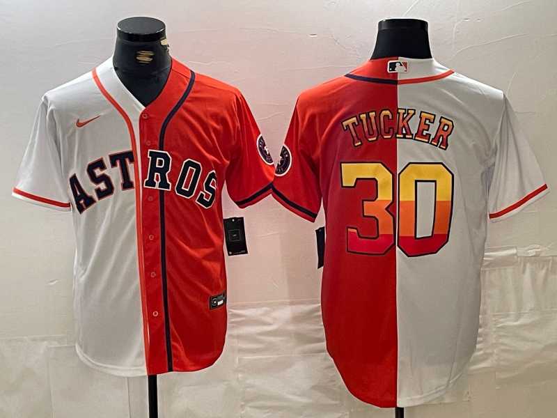 Mens Houston Astros #30 Kyle Tucker White Orange Split Stitched Baseball Jersey Dzhi->houston astros->MLB Jersey